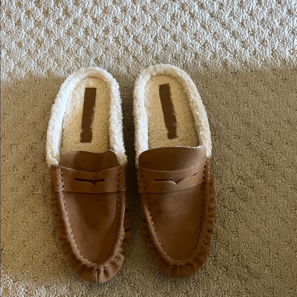 Kids Brown Faux-Suede Moccasin Slippers with Shearling Lining